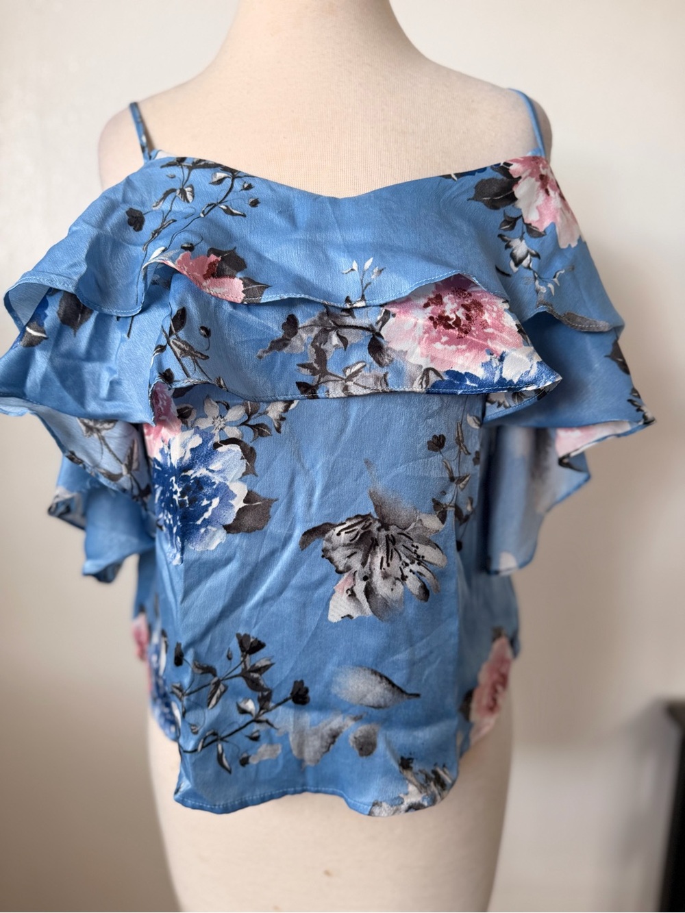 Shinestar Blue Floral Ruffle Cold-Shoulder Camisole